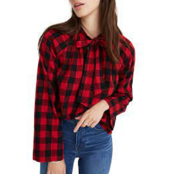 Madewell Tops - MADEWELL Women's Small Blouse Tie Neck Popover Red Black Buffalo Plaid